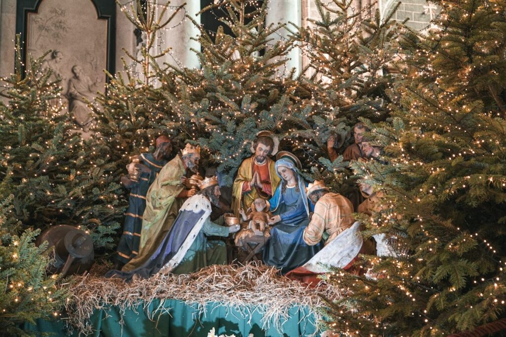 scene at the manger of mary, joseph, and the magi