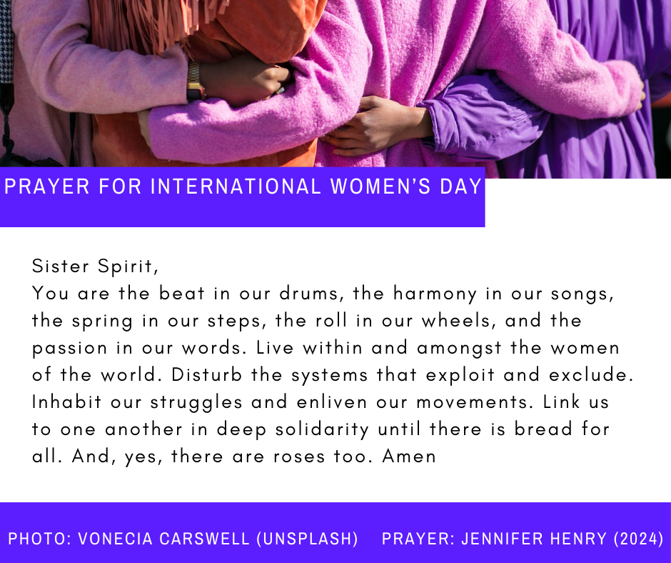 The backs of four women with arms encircled